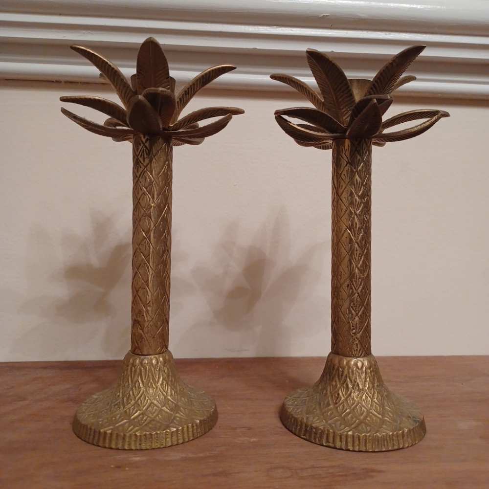 Mid-Century Solid Brass Palm Tree Candle Holders